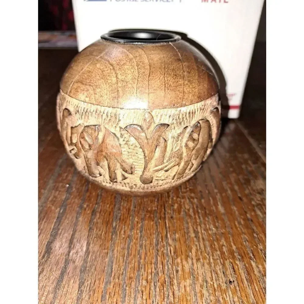 Vintage Hand Carved Rosewood Elephant Candle Votive Cup Holder Round Ball